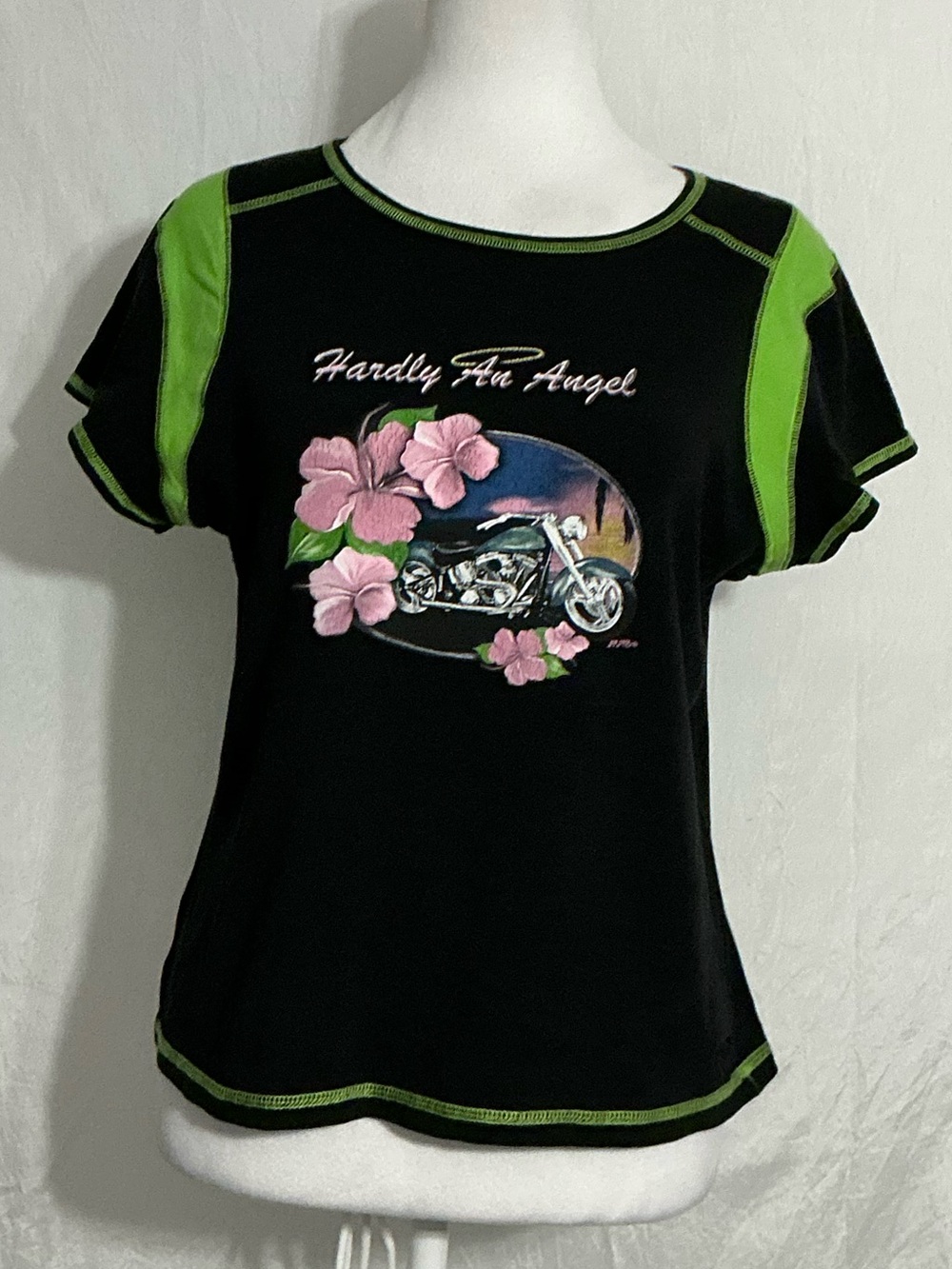 Hardly Fat Angel Women's Black Tee with Green Accents